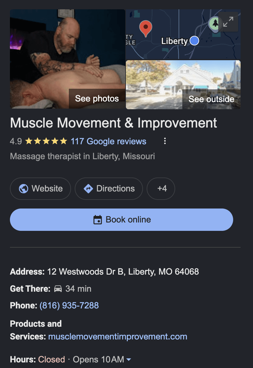 Google Business Profile screenshot for Muscle Movement and Improvement showing the rating, reviews, booking button, and Liberty contact details